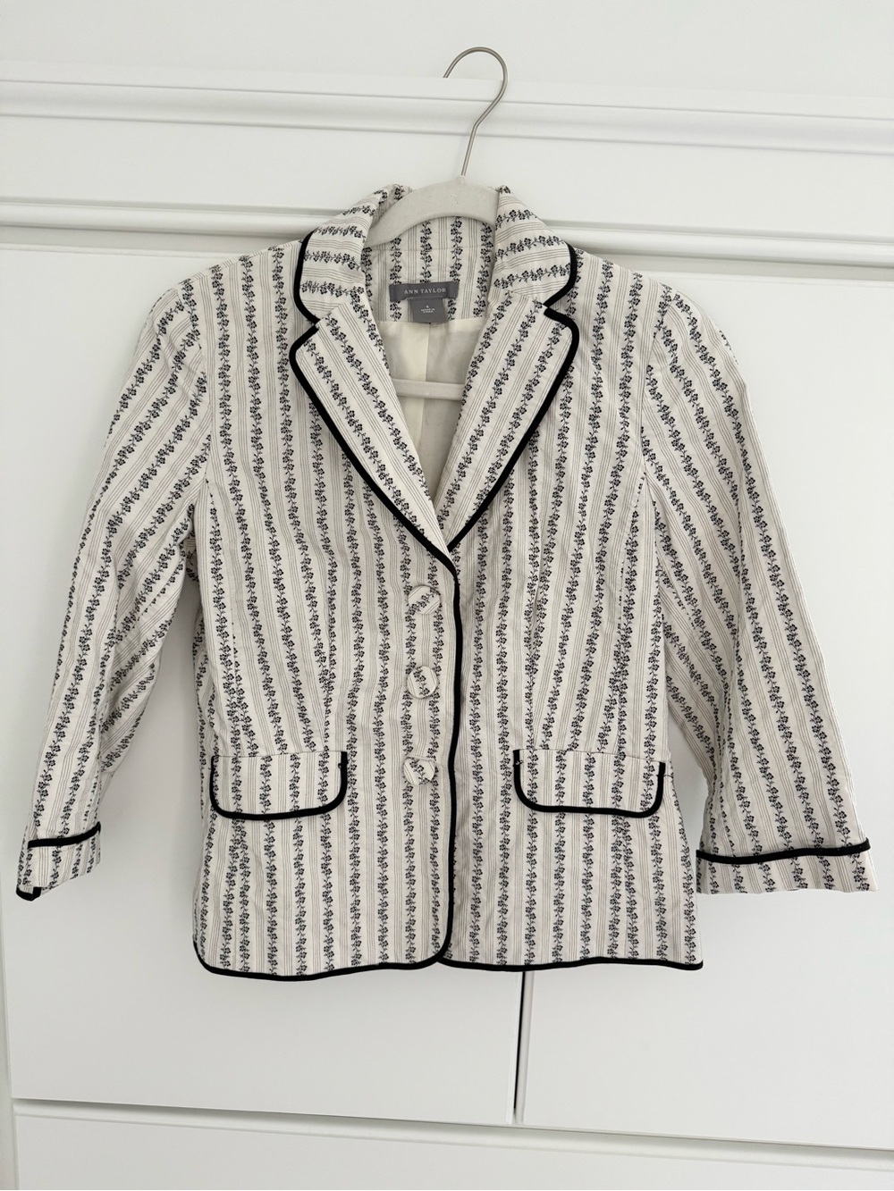 Ann Taylor Cream Blazer with Black Trim and Stripe Detail
